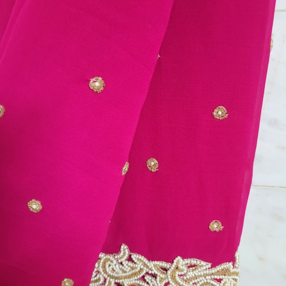 Hot Pink Saree with Pearls Work - Picture 9 of 14